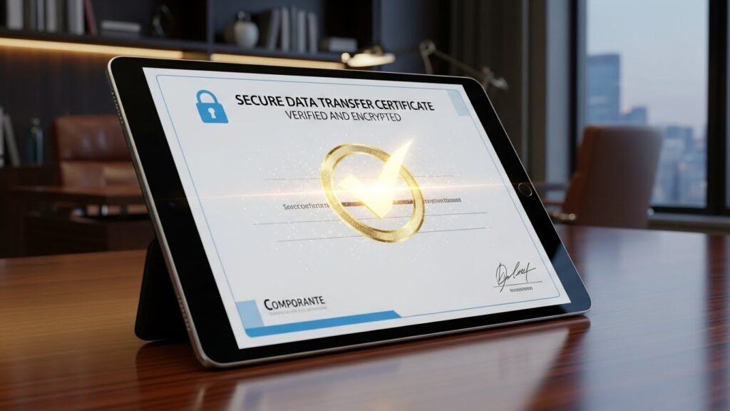 데이터 무결성 검증이 완료된 보안 인증서와 황금빛 체크마크 아이콘