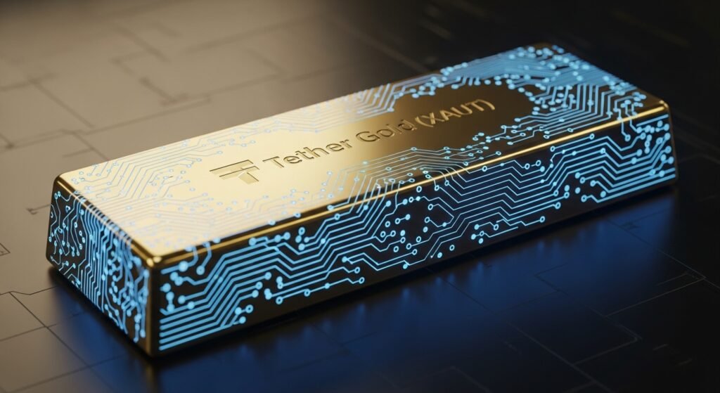 블록체인 네트워크와 연결된 디지털 금괴의 현대적 이미지