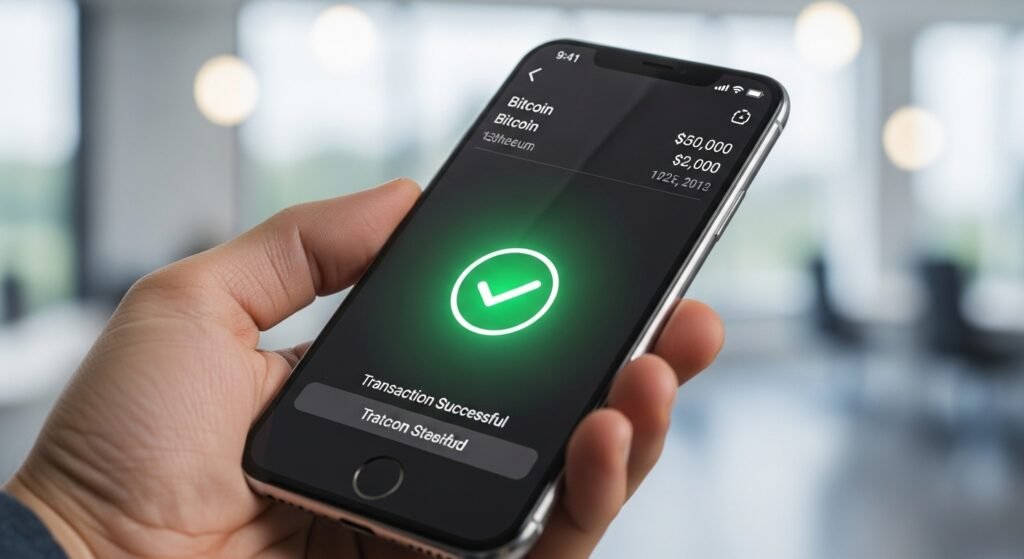 스마트폰을 통해 테더 코인 전송을 완료하고 보안 확인을 마친 사용자 화면