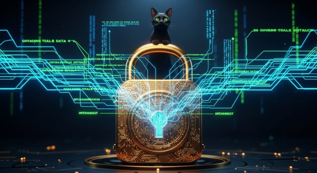 보안과 공정성을 상징하는 스마트 컨트랙트 암호화 코드 그래픽