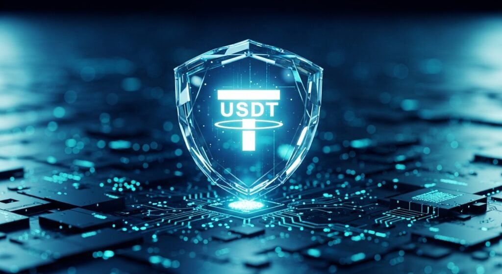 안전한 코인 거래를 상징하는 USDT 로고와 디지털 보안 실드 인포그래픽