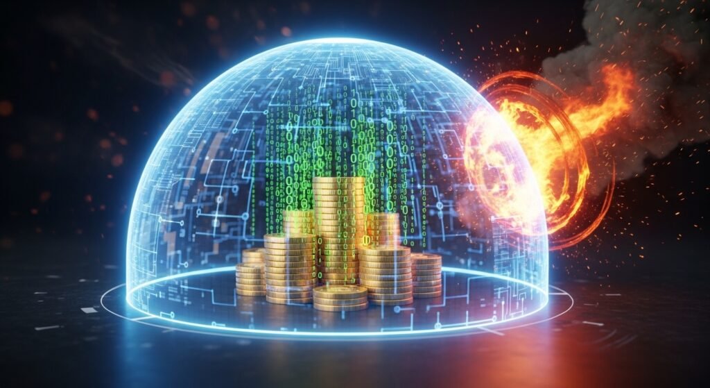 인플레이션으로부터 자산을 보호하는 디지털 방패와 암호화폐 상징물