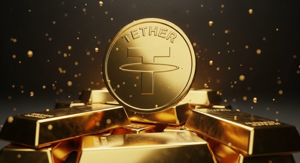 금괴와 테더 로고가 결합된 테더골드 토큰의 3D 그래픽 이미지