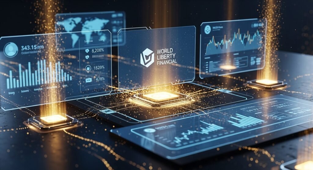 월드 리버티 파이낸스(WLFI) 로고와 결합된 미래형 탈중앙화 금융 인프라 시각화